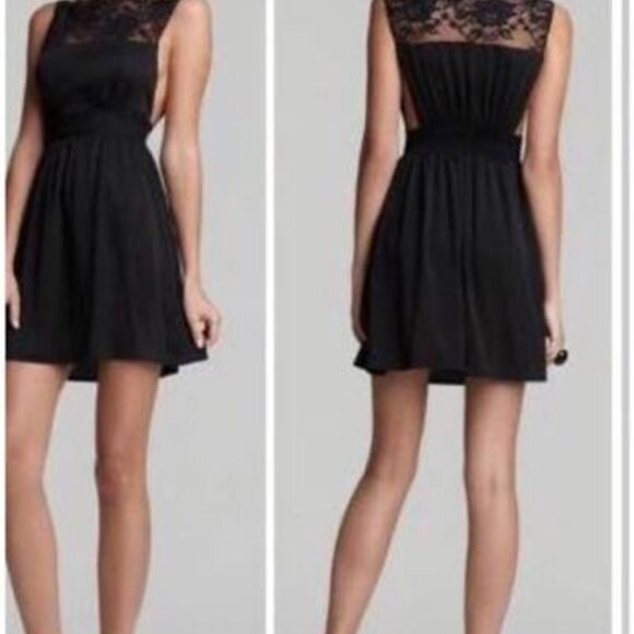 Free People Tea For Two Black Cocktail Lace Neck Mini Dress LG - Picture 6 of 8